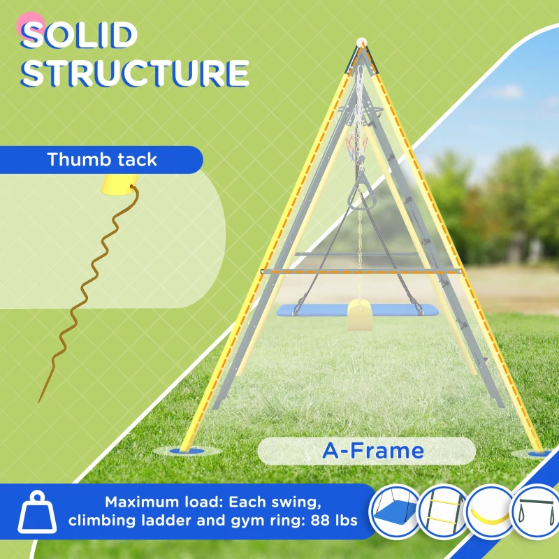 Outsunny Metal Swing Set for Backyard 5 in 1 Design Holds up to 440 lbs. for Ages 3-8, Yellow
