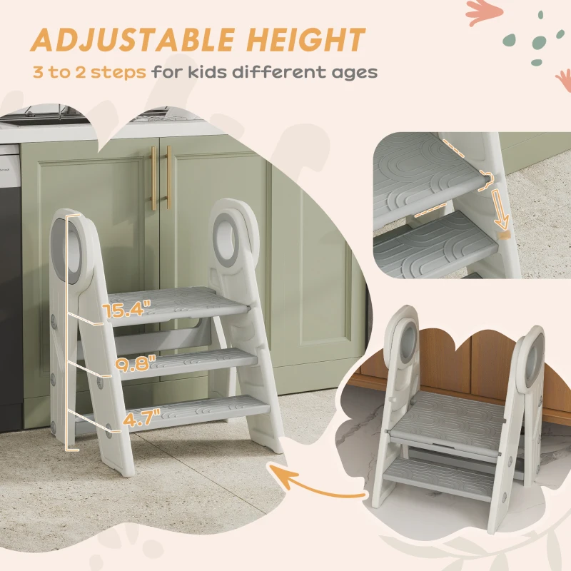 Qaba Foldable & Adjustable Kitchen Stool Helper with Handles, Non-Slip, for Bathroom, Sink, Kitchen, Gray