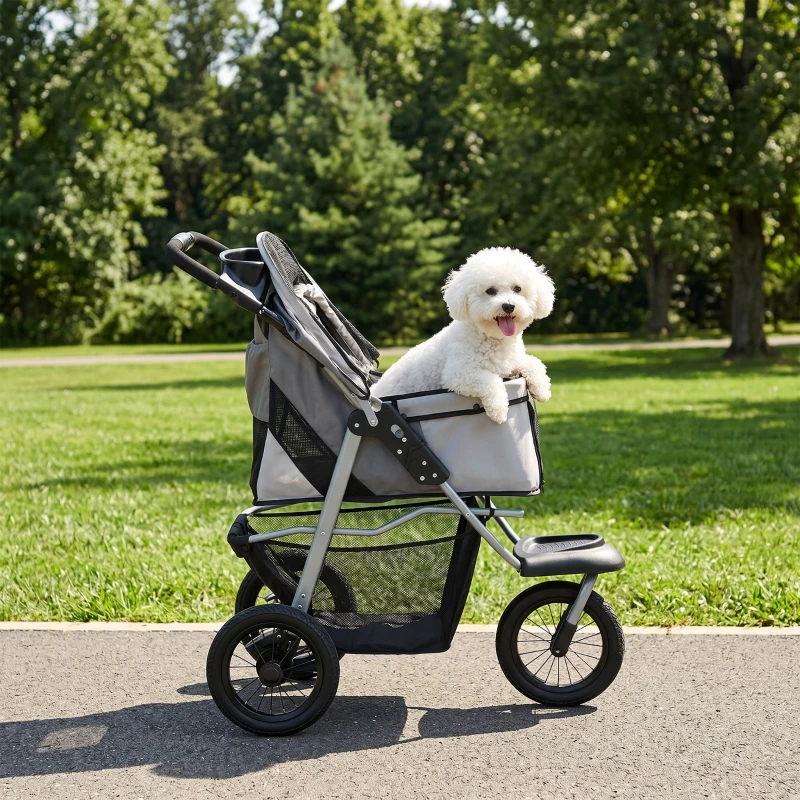 PawHut Dog Stroller, Foldable Dog Stroller with 12" Rubber Wheels for Small Dogs, Up to 22 LBS, Light Gray