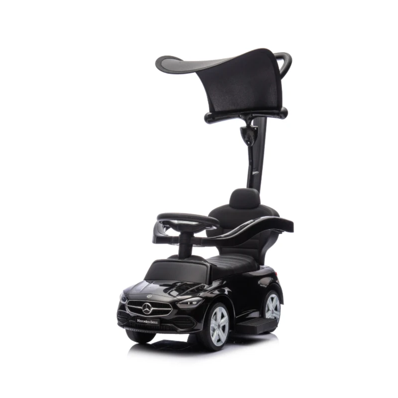 Qaba 3 in 1 Toddler Push Car Licensed Benz with Push Handle, Guardrails, Canopy, Horn, Music, Storage for 18-36 Months, Black