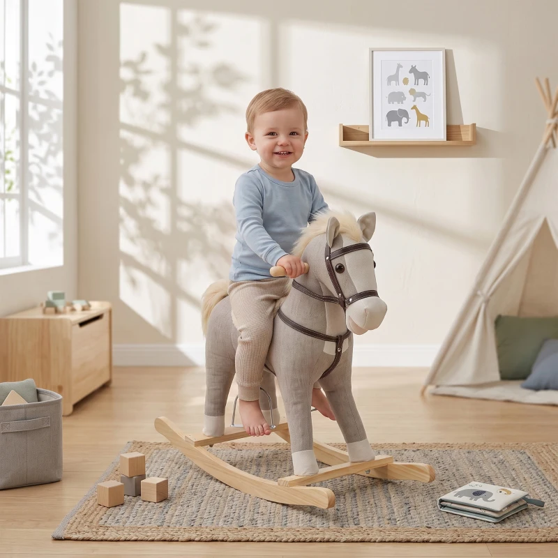 Qaba Rocking Horse, Back and Forth Rocking, Ride on Horse Toy with Sound Effects, for 12-36 Months Toddlers, Gray