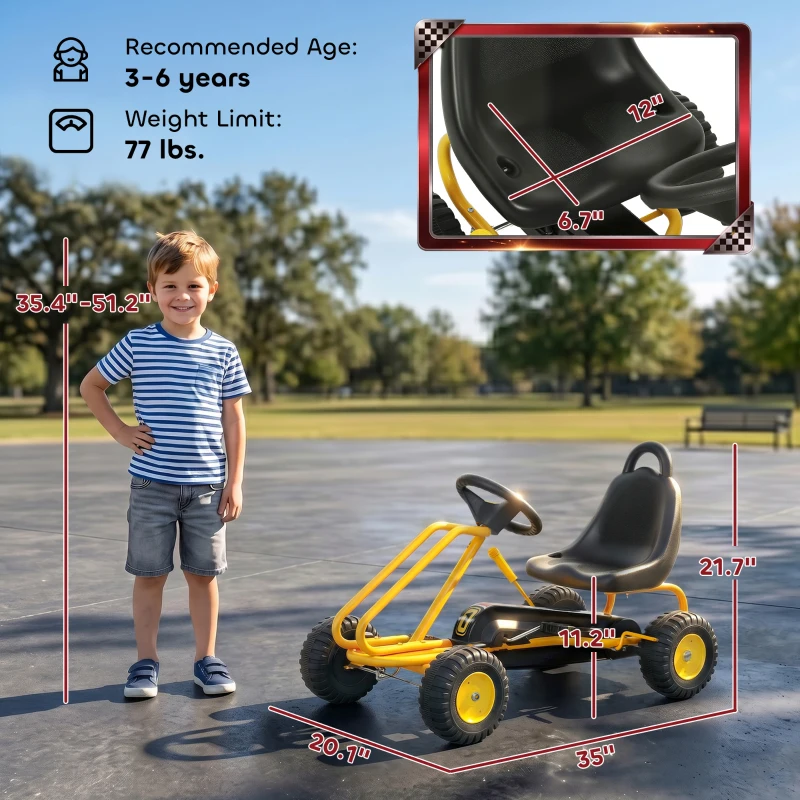 Qaba Go Kart for Kids, 4 Wheel Pedal Go Cart with Adjustable Seat, Safety Hand Brake for Boys Girls 3-6 Years, Yellow