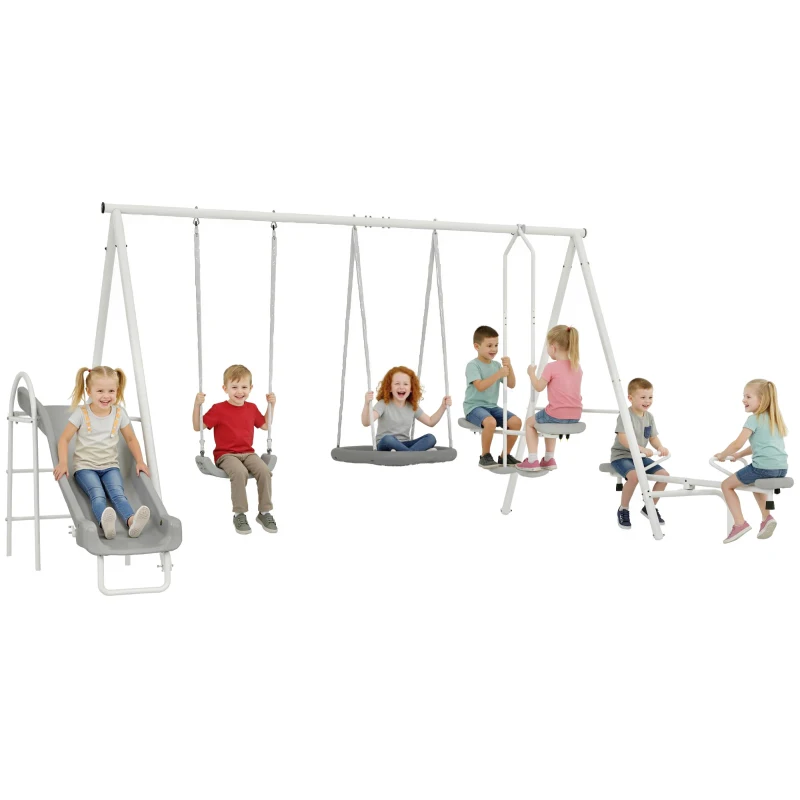 Outsunny 5 in 1 Kids Swing Set for Backyard with Heavy-Duty A-Frame Stand, Saucer Swing, Slide, Seesaw, Glider, Swing Seat, Gray