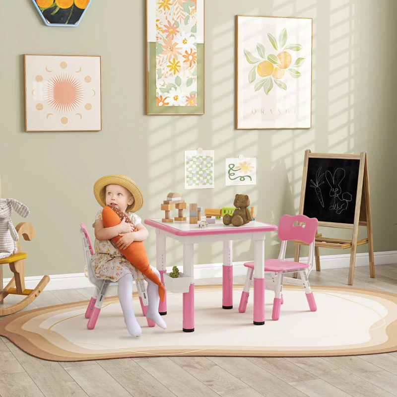 Qaba 3pc Height Adjustable Toddler Table and Chair Set with Storage, Easy to Wipe for Daycare Classroom, Pink