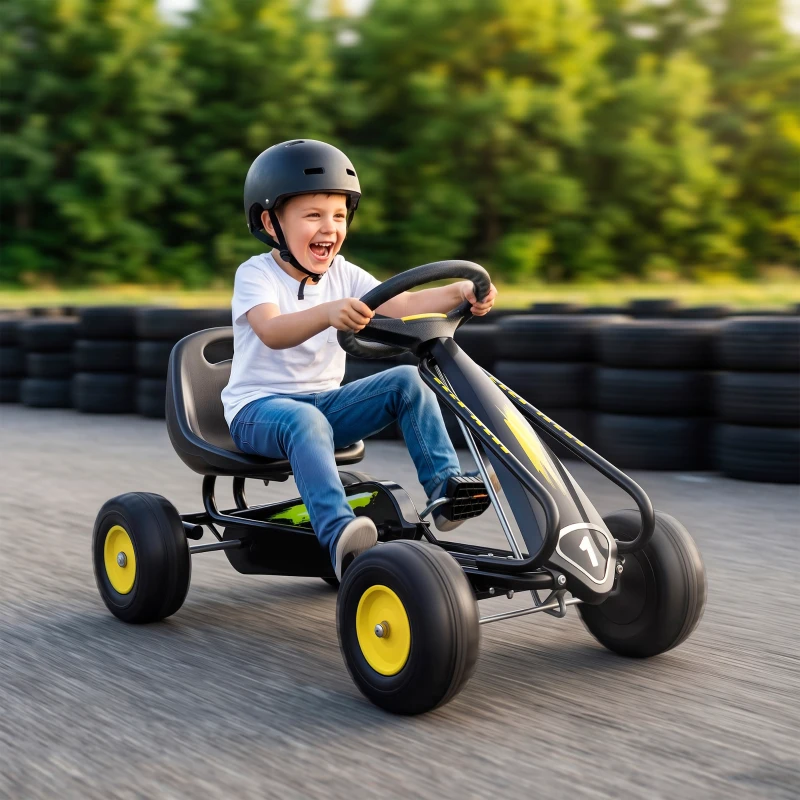 Qaba Pedal Go Kart for Kids with Adjustable Seat, Backrest, Outdoor Racer Ride On Pedal Car for Boys Girs 3-6 Years, Black