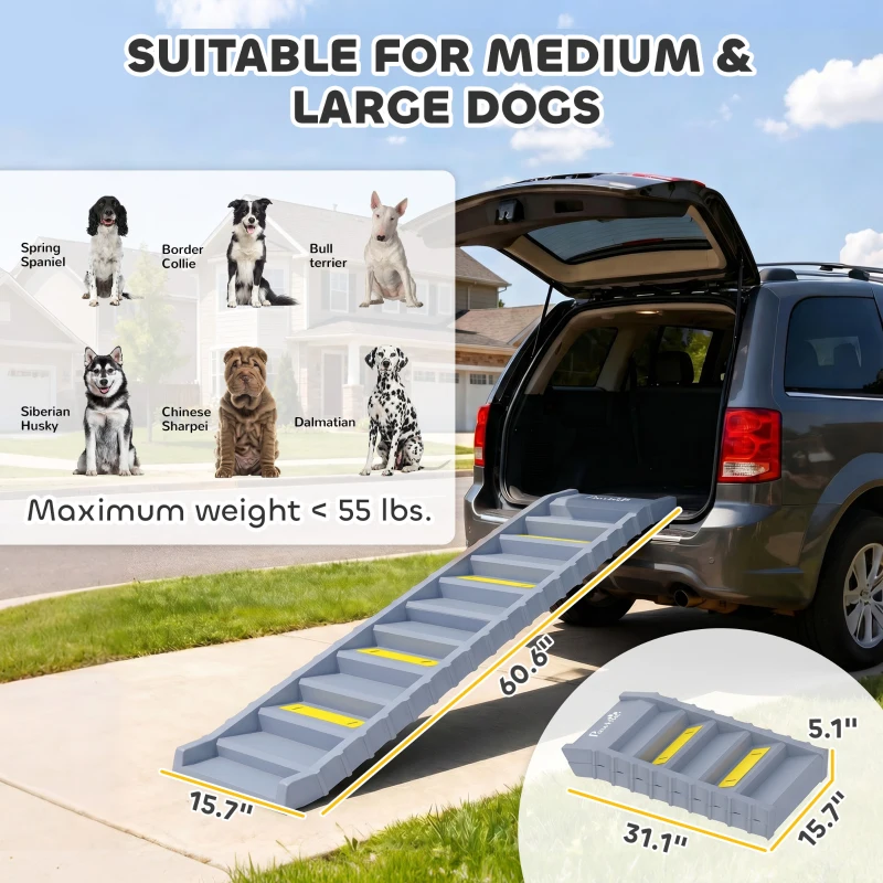 PawHut Dog Stairs for Car Truck SUV, Foldable Dog Ramp for Large Medium Small Dogs, Gray