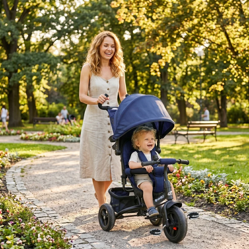 Qaba 6 in 1 Tricycle for Toddler 1-5 Years with Parent-Push Handle, Dark Blue