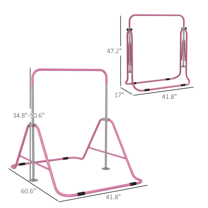 Qaba Folding Gymnastics Bar for Kids, Adjustable Height, Bubble Gum Pink