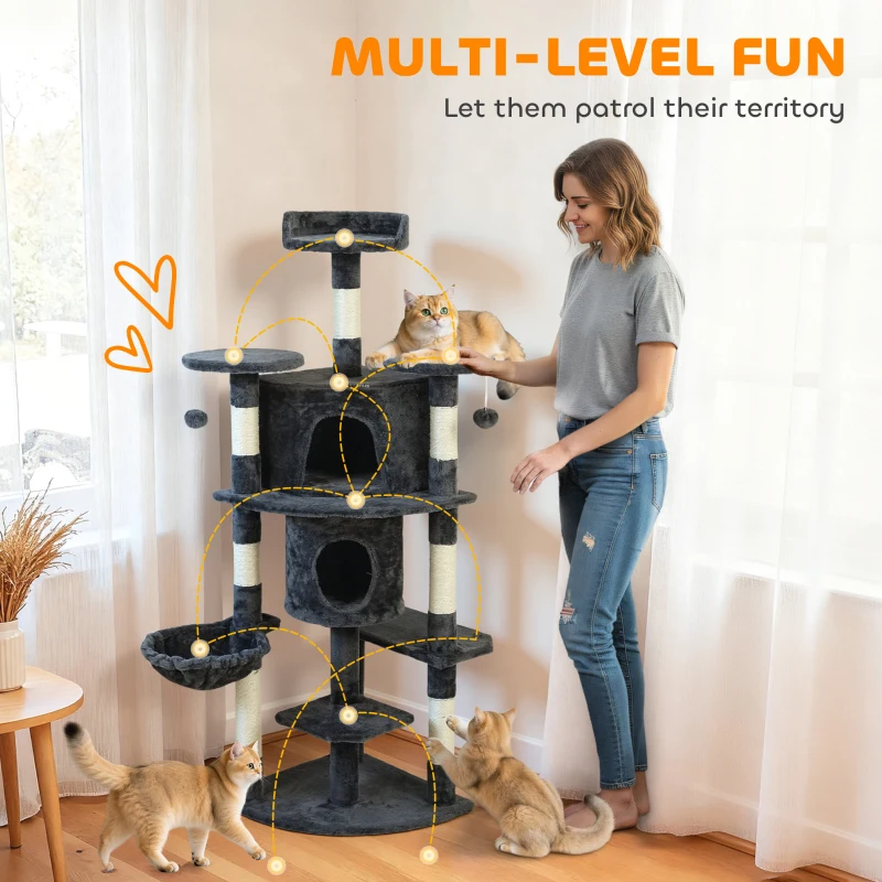 PawHut 62" Cat Tree with Scratching Post, 2 Condos, Hammock, Perches, Plush, Pompoms, for Indoor Cats, Dark Grey