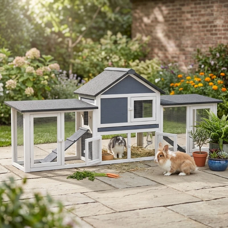 PawHut Outdoor Rabbit House 83" 2 Story Deluxe XL Wooden Rabbit Hutch, Big Bunny Cage w/ Ladder and Run, Dark Gray