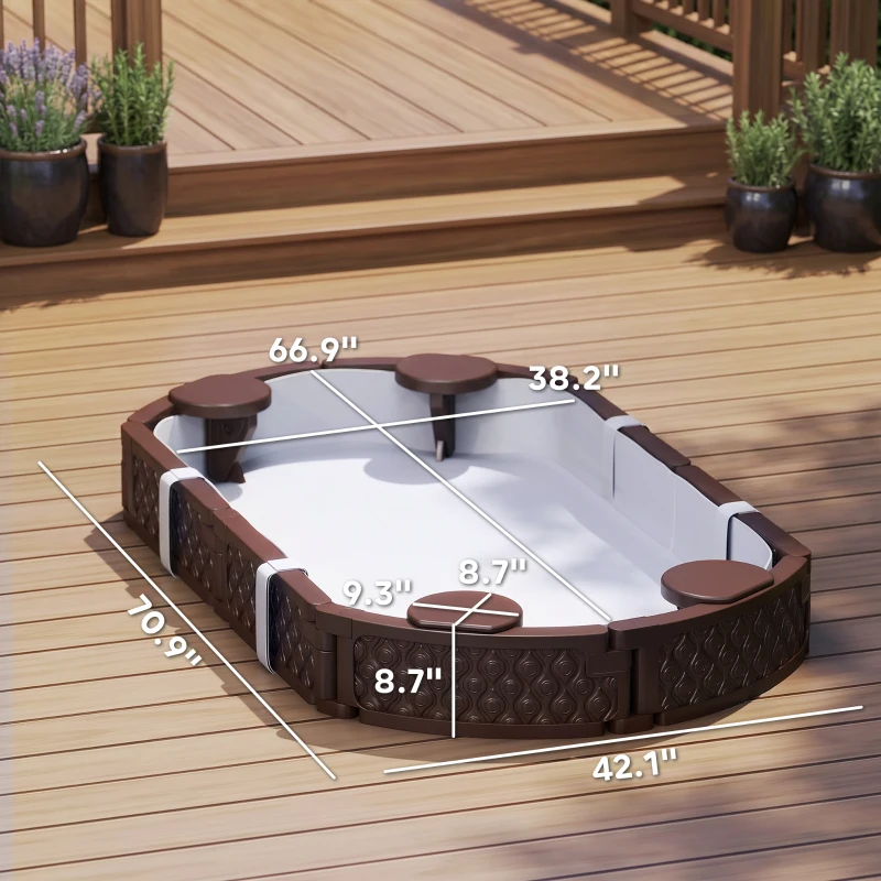 Qaba Kids Sandbox with Cover, 4 Corner Seats, Bottom Liner for Backyard, Garden, Outdoor, 71" x 42" W x 9", Dark Brown