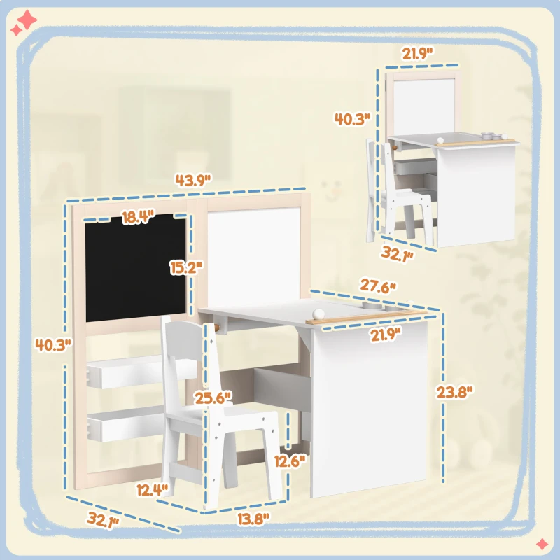 Qaba 3 in 1 Kids Table and Chair Set with Storage, Whiteboard, Blackboard & Roll Paper for 3-8 Years, White
