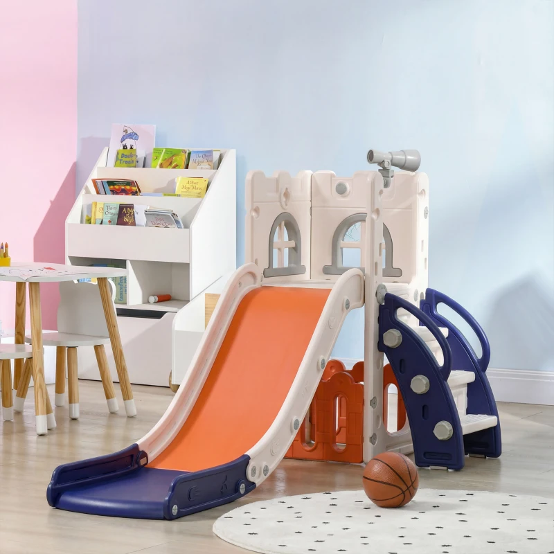 Qaba 5 in 1 Toddler Slide with Basketball Hoop, Climber, Telescope, Storage Basket, for 1-3 Years Kids Indoor Use, Orange