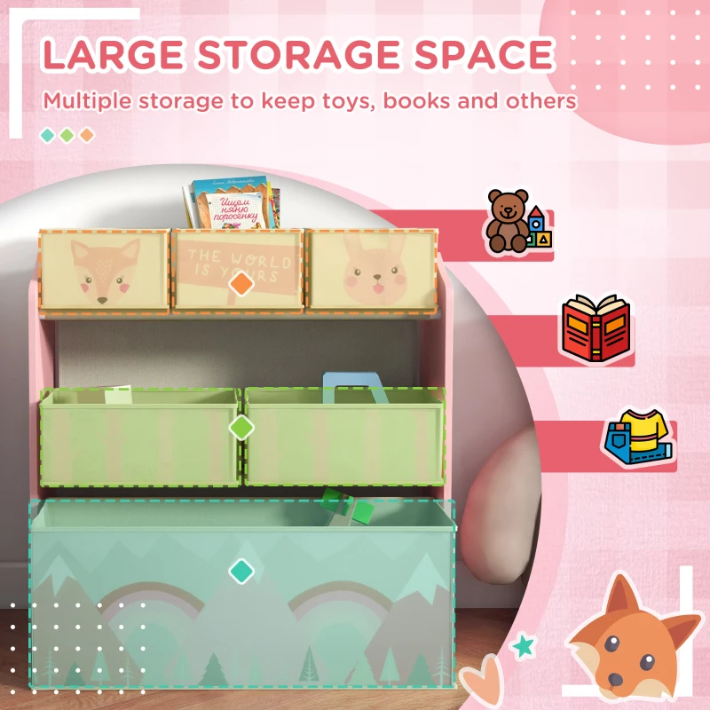 Qaba Toy Organizer with 6 Storage Bins, 25" x 12" x 26", Pink Print