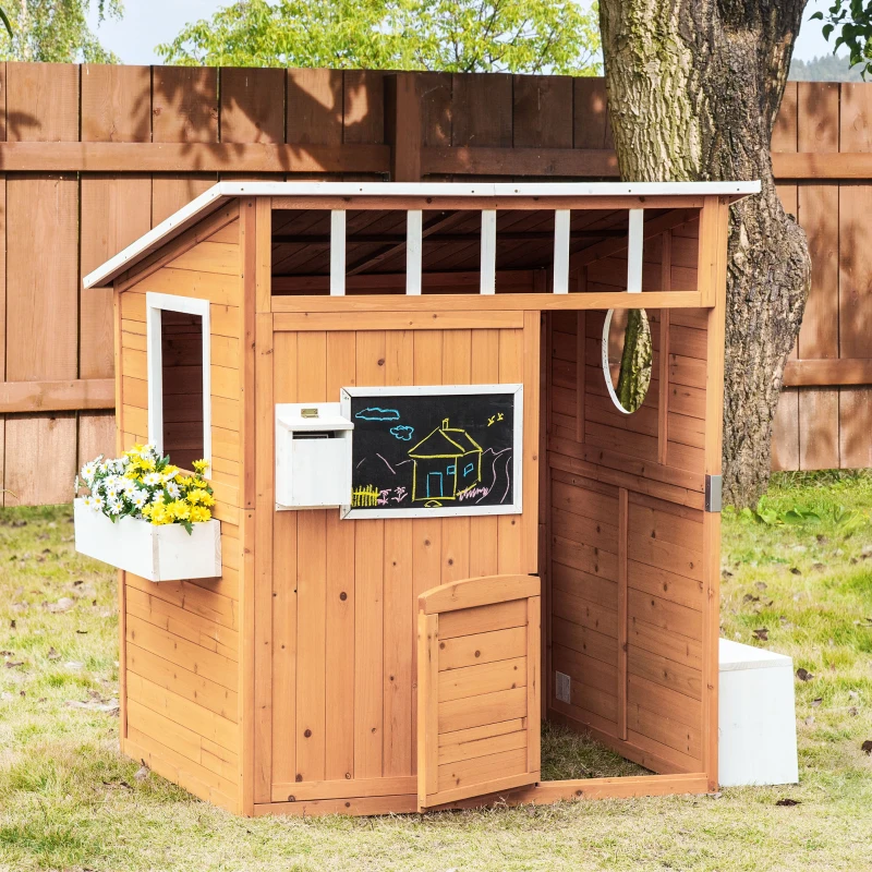Outsunny Wooden Playhouse for Kids Outdoor with Working Door, Windows, Mailbox, Bench, Flowers Pot Holder, 48" x 42.5" x 53"