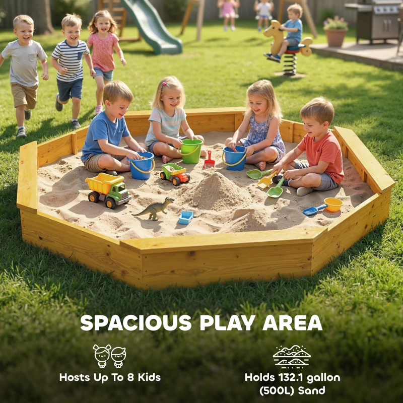 Qaba Wooden Kids Wooden Sandbox with Large Canopy, Outdoor Sand Box with 4 Bench Seats, Bottom Liner for Aged 3-8, Yellow