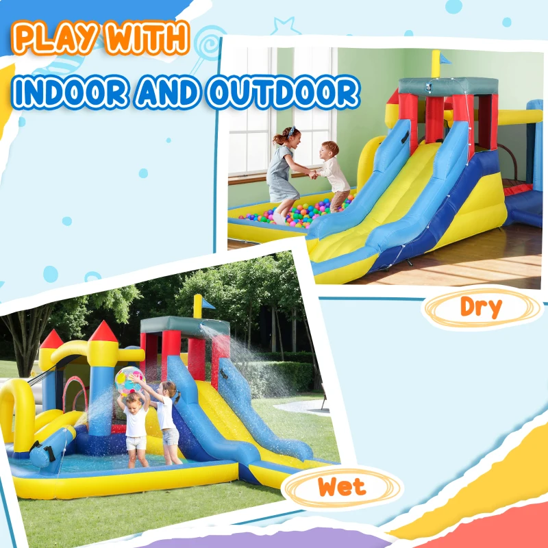 Qaba 6 in 1 Inflatable Water Slide Park with Splash Pools, 2 Slides, Trampoline, Climbing Wall, Cannon, Basketball Hoop