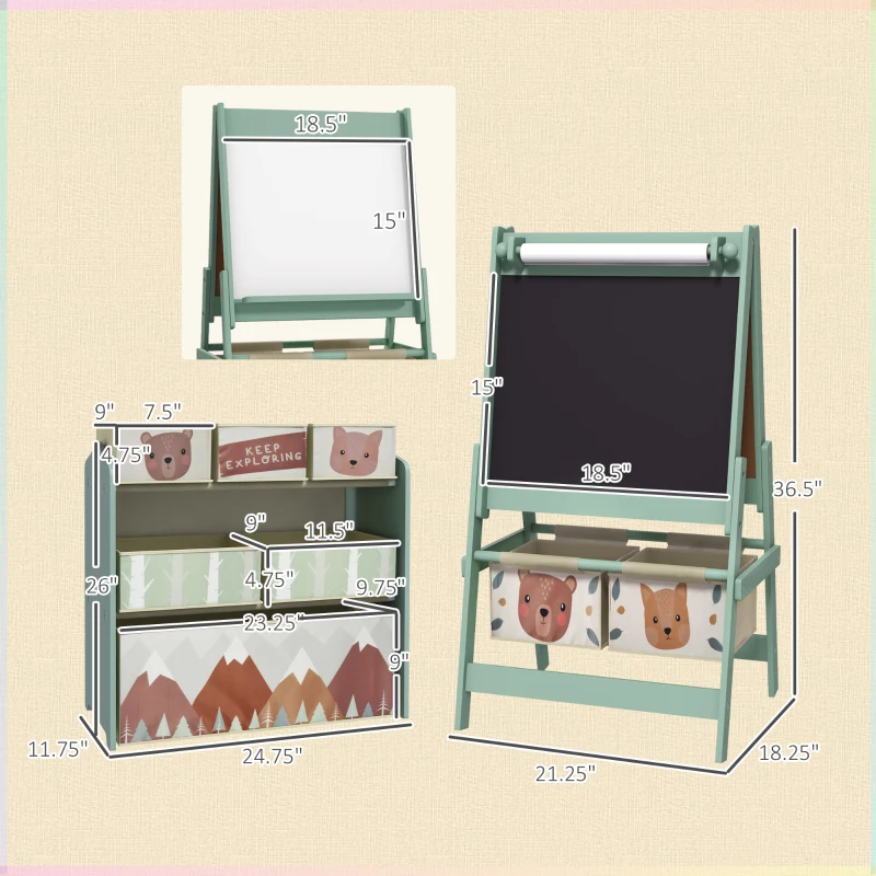 Qaba Kids Toy Organizer and Kids Easel Set with 6 Storage Bins, Paper Roll, Blackboard, Whiteboard, for Ages 3-8 Years, Green