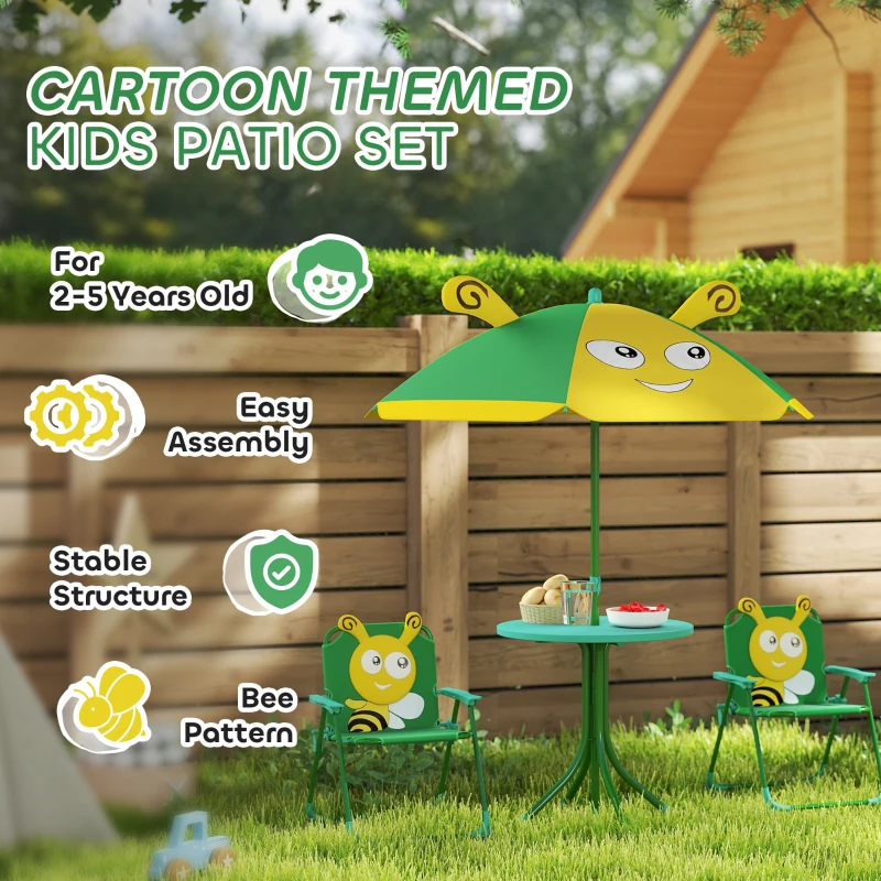 Qaba Kids Picnic Table and Chair Set, Outdoor Activity Table with Foldable Chairs, Height Adjustable Umbrella, Green