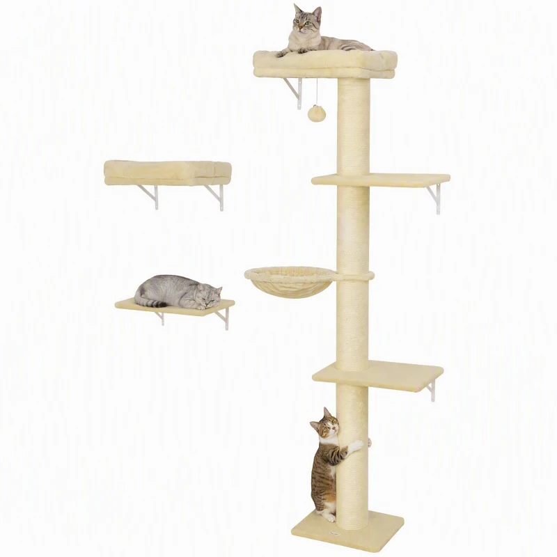 PawHut Cat Wall Shelves, 3-in-1 Cat Wall Furniture Set with Scratching Post for Indoor Kittens Climbing Sleeping, Beige