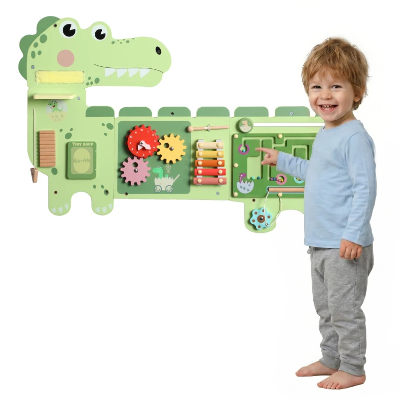 Qaba Busy Board Panels Wall-Mounted Montessori Sensory Toys Sensory Wall MDF 87 x 52 x 5.5 cm Dinosaur, Green