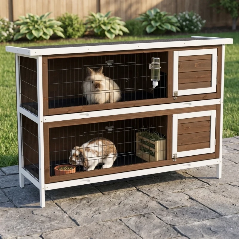 PawHut Wooden Rabbit Hutch w/ Dividers Asphalt Roof for Small Animals & Outdoors, Brown