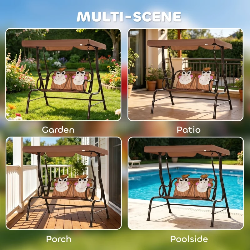 Outsunny Kids Patio Swing, 2-Seater Outdoor Swing Chair with Adjustable Canopy and Safety Belt, Monkey Pattern Hanging Swing Bench for Garden or Backyard, Coffee