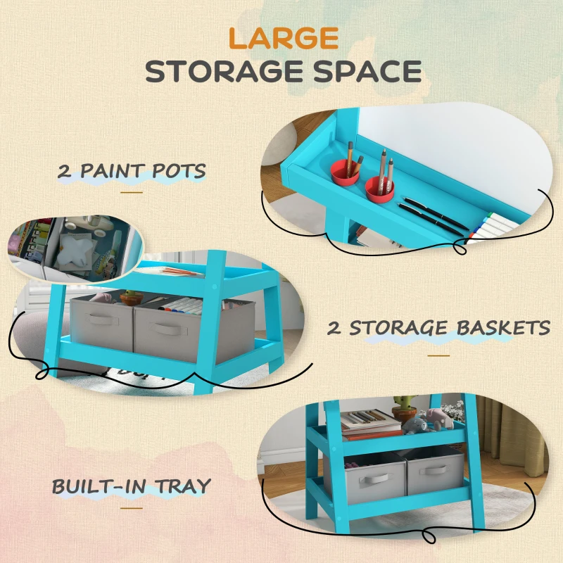 Qaba Double Sided Easel for Kids, Standing Toddler Easel with Paper Roll, Magnetic Whiteboard, Chalkboard & Storage, Blue
