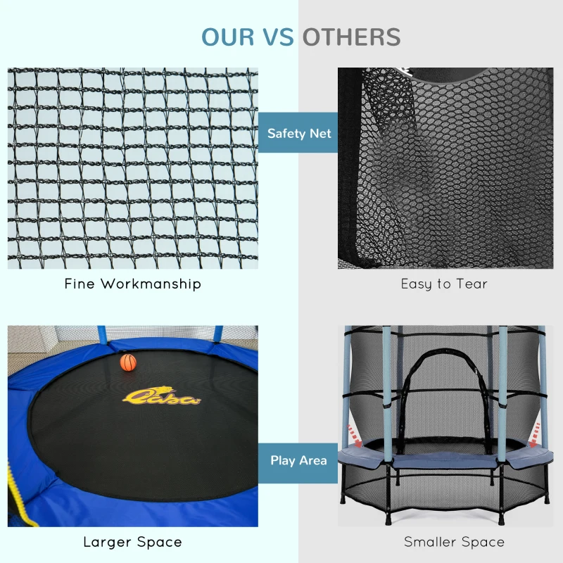 Qaba Kids Trampoline with Net, Basketball Hoop, Horizontal Bar Indoor, Blue