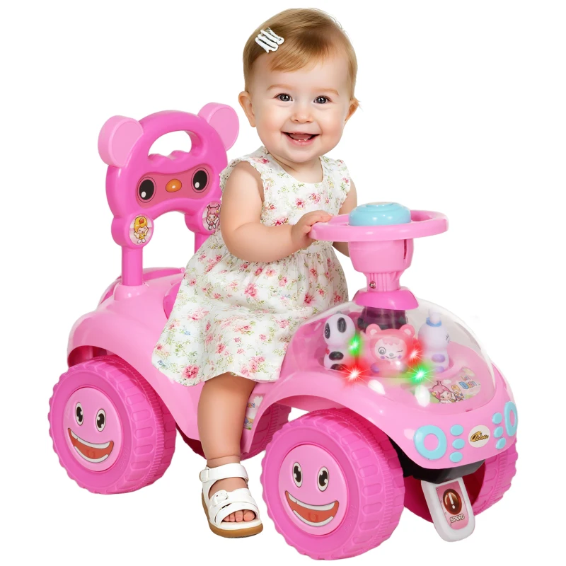 Qaba Toddlers Push Car with Horn, Light, Music, Anti-Over-Backwards Device, Steering Wheel, Under Seat Storage, Pink