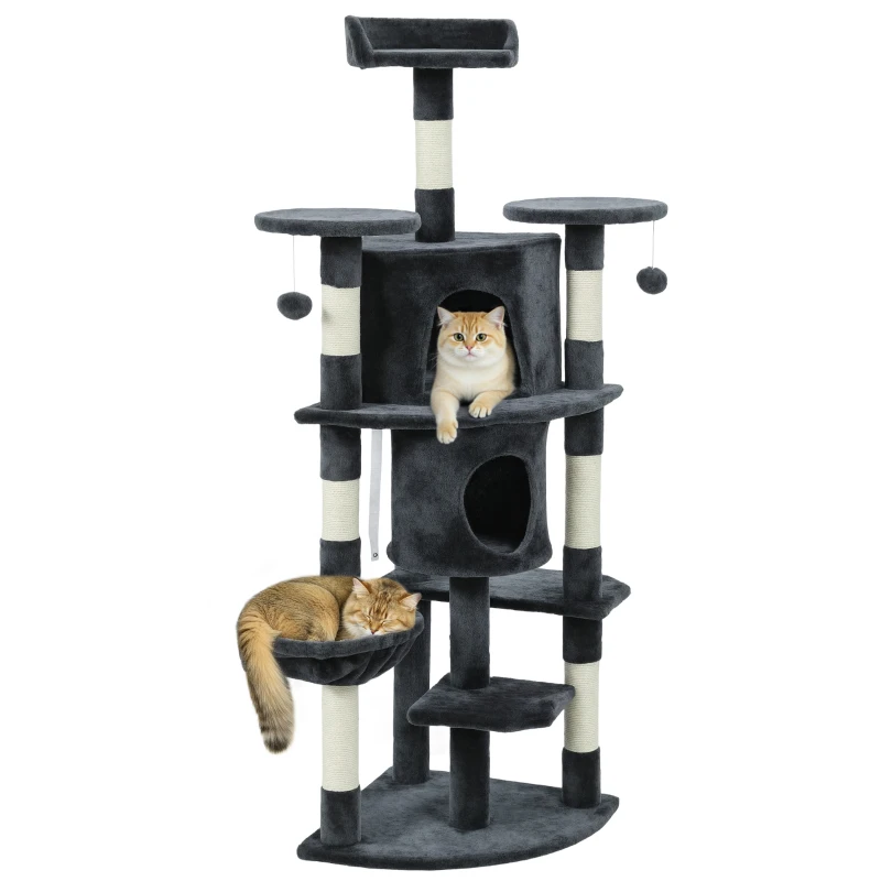 PawHut 62" Cat Tree with Scratching Post, 2 Condos, Hammock, Perches, Plush, Pompoms, for Indoor Cats, Dark Grey