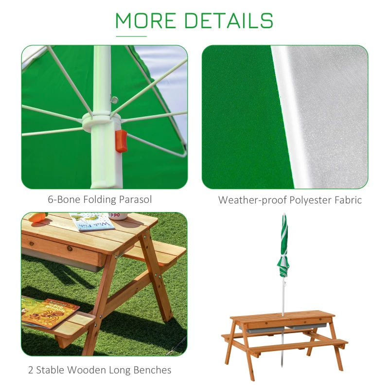 Outsunny Kids 3 in 1 Sand and Water Table, Wooden Outdoor Convertible Picnic Table with Umbrella and Storage Inside, Bench Backyard Furniture for Garden, Patio, or Balcony