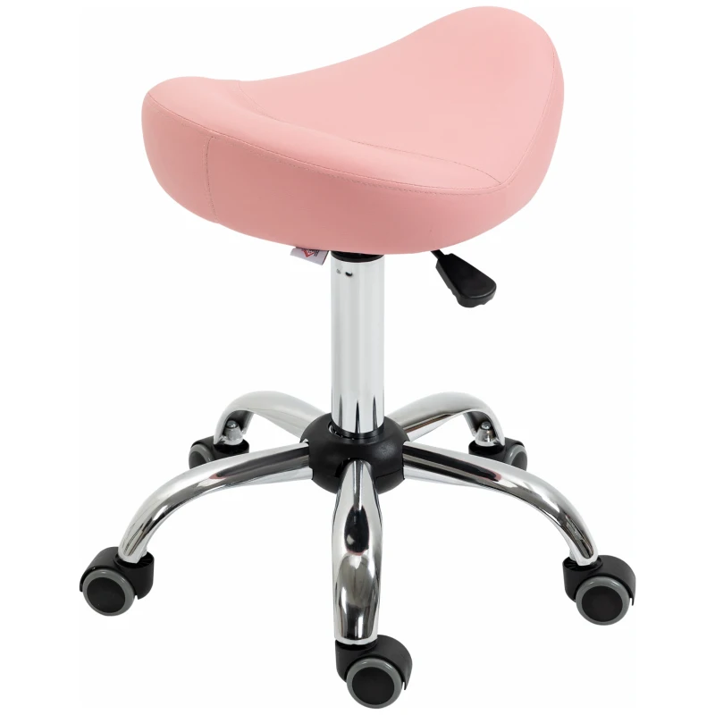 HOMCOM Ergonomic Saddle Stool with Wheels, Adjustable PU Leather Saddle Chair, 360° Swivel, NO Back Pain, Healthy Posture, Salon Chair for Massage Medical Home, Pink
