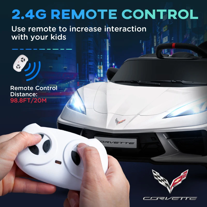 Qaba Chevrolet Corvette Licensed 12V Kids Electric Car with Parental Remote Control, Suspension System, Slow Start, White