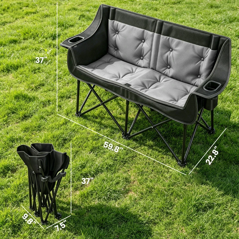 Outsunny Heated Double Camping Chair, Oversized Folding Padded Camp Loveseat Couch with 3 Heat Levels and 4 Heating Zones
