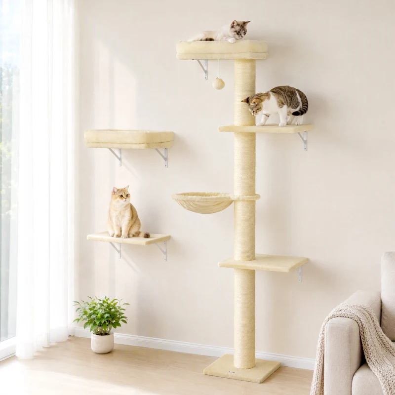 PawHut Cat Wall Shelves, 3-in-1 Cat Wall Furniture Set with Scratching Post for Indoor Kittens Climbing Sleeping, Beige