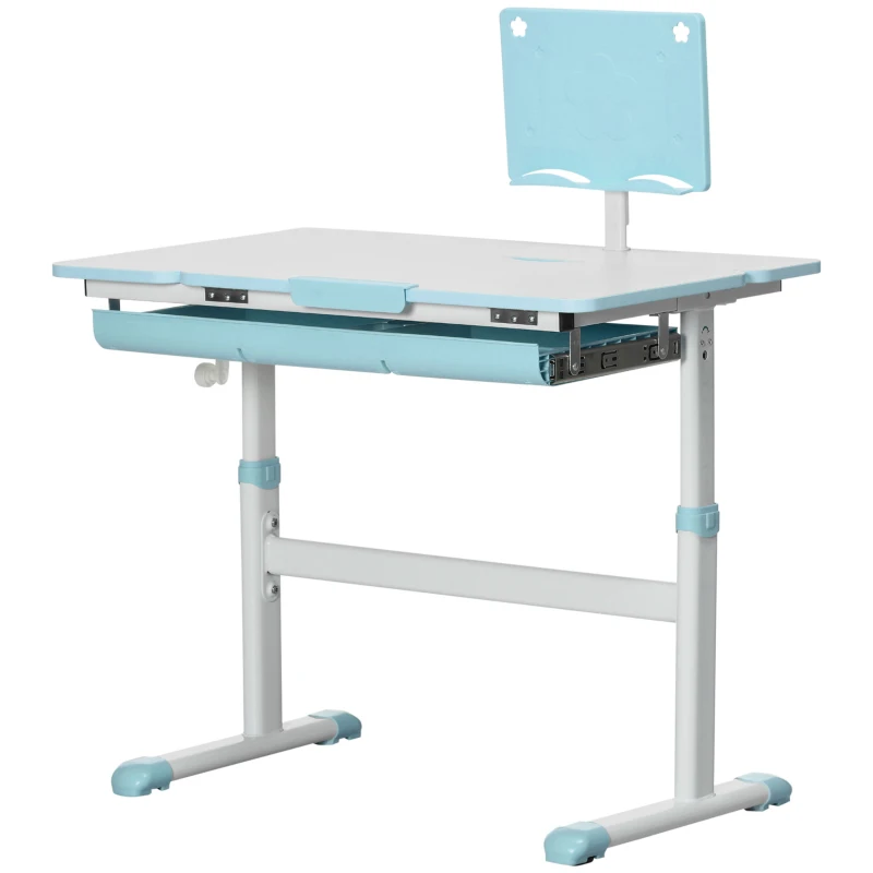 Qaba Kids Desk, Height Adjustable Children School Study Table, Student Writing Desk with Tilt Desktop, Drawer, Reading Board, Blue