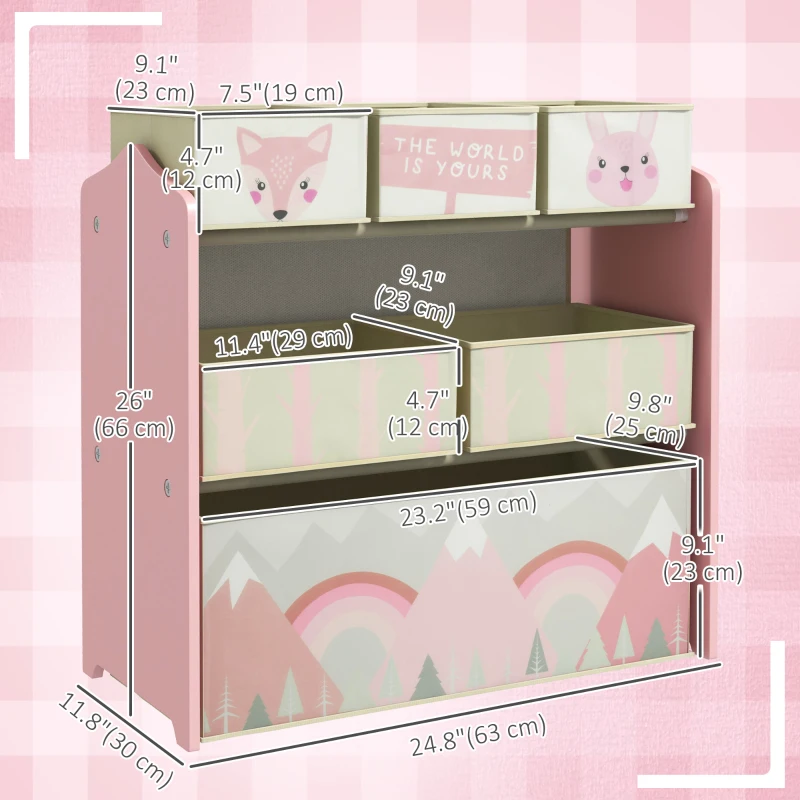 Qaba Toy Organizer with 6 Storage Bins, 25" x 12" x 26", Pink Print