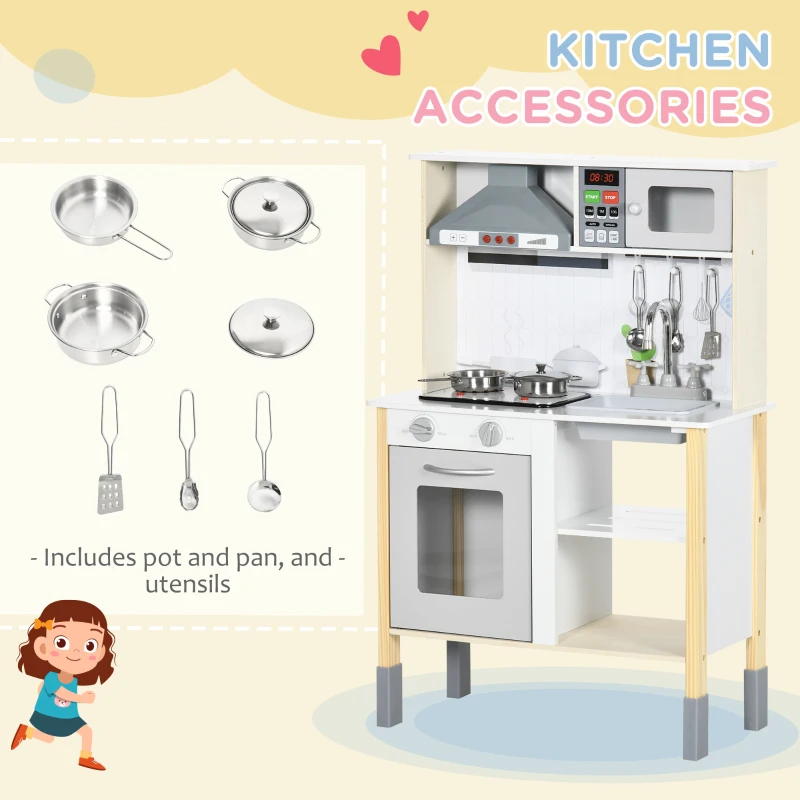 Qaba Wooden Play Kitchen with Realistic Lights and Sounds, Height-Adjustable Kids Kitchen Playset with Microwave, Range Hood, Cooking Accessories, Gift for 3-6 Years Old, White