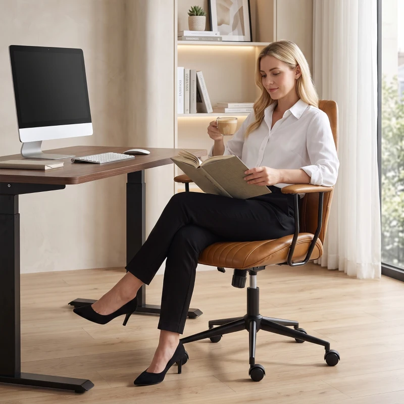 HOMCOM Leather Home Office Desk Chair, Vintage Computer Chair with Padded Arms, 360° Swivel, Adjustable Height, Tilt, Brown