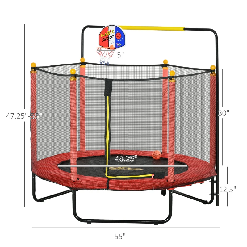 Qaba Kids Trampoline with Net, Basketball Hoop, Horizontal Bar Indoor, Red