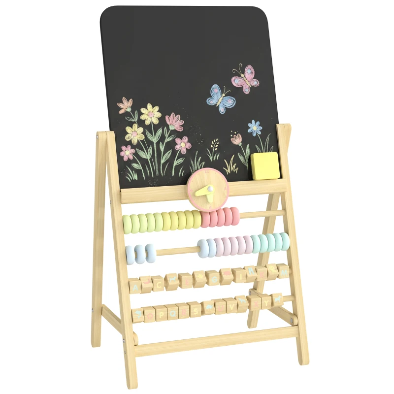 Qaba Wooden Kids Art Easel with Double-Sided Chalkboard, Clock, Abacus, Blackboard Eraser for Painting, for Ages 2+, Natural