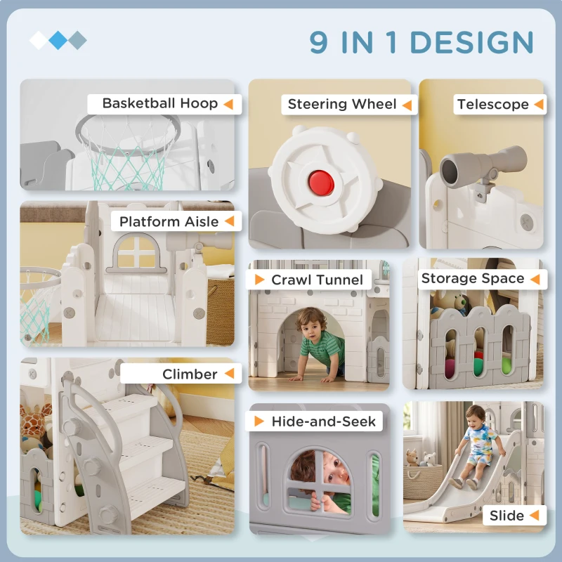 Qaba 9 in 1 Toddler Slide with Basketball Hoop, Climber, Telescope, Tunnel, Steering Wheel, for 1-3 Years, Grey