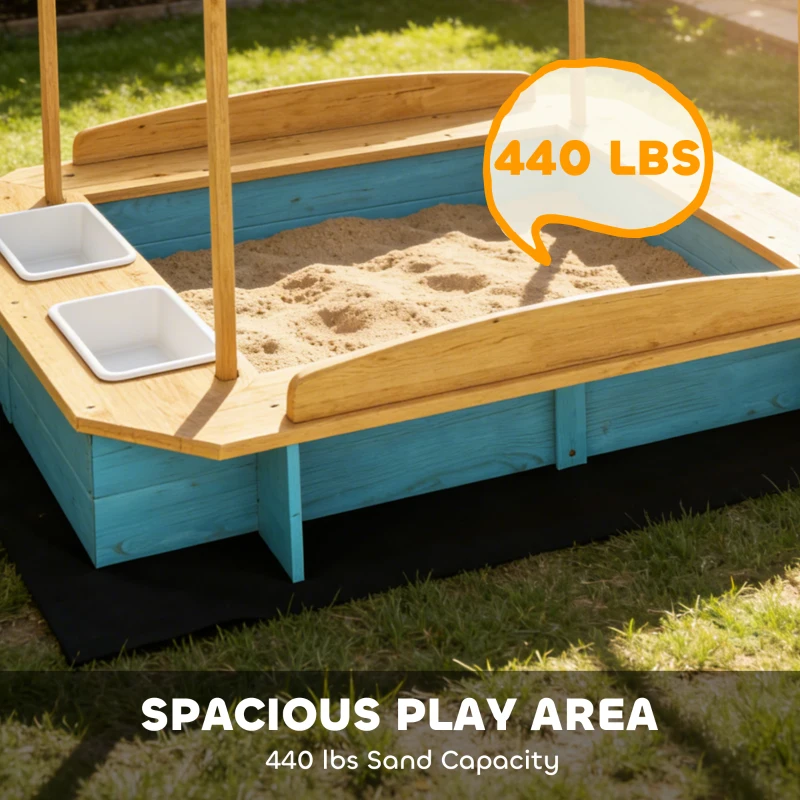 Qaba Wooden Sandbox with Dinosaur Print Canopy Kids Sandbox Outdoor with Bench Seats & 2 Storage Bins