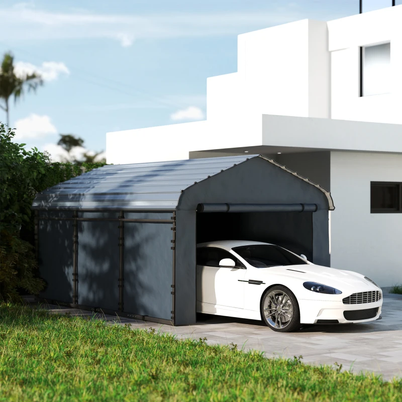 Outsunny 10' x 15' Metal Carport, Heavy Duty Garage Car Canopy with Galvanized Metal Roof and Removable Sidewalls, Dark Gray(m-2)