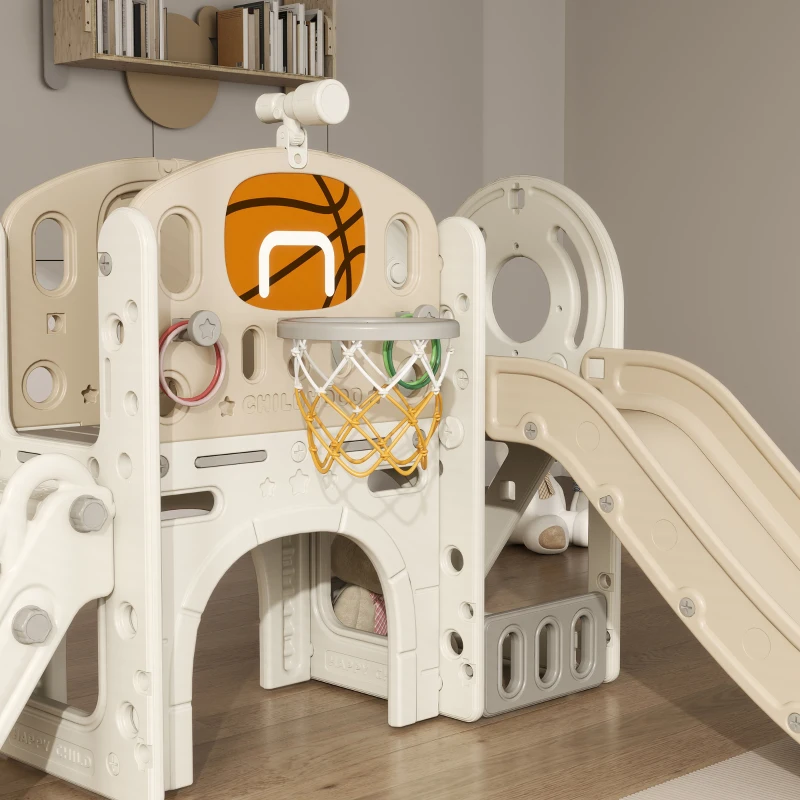 Qaba 7-in-1 Toddler Slide, Kids Slide for Ages 1-6 Years w/ Ring Toss, Basketball Hoop, Telescope Climber, Storage Space