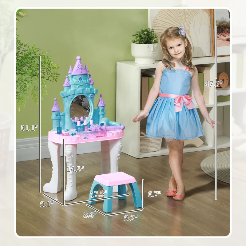 Qaba Kids Vanity Set with Mirror and Stool, Light, Music, Castle Design Makeup Table for Girls 3-6 Years, Multicolor