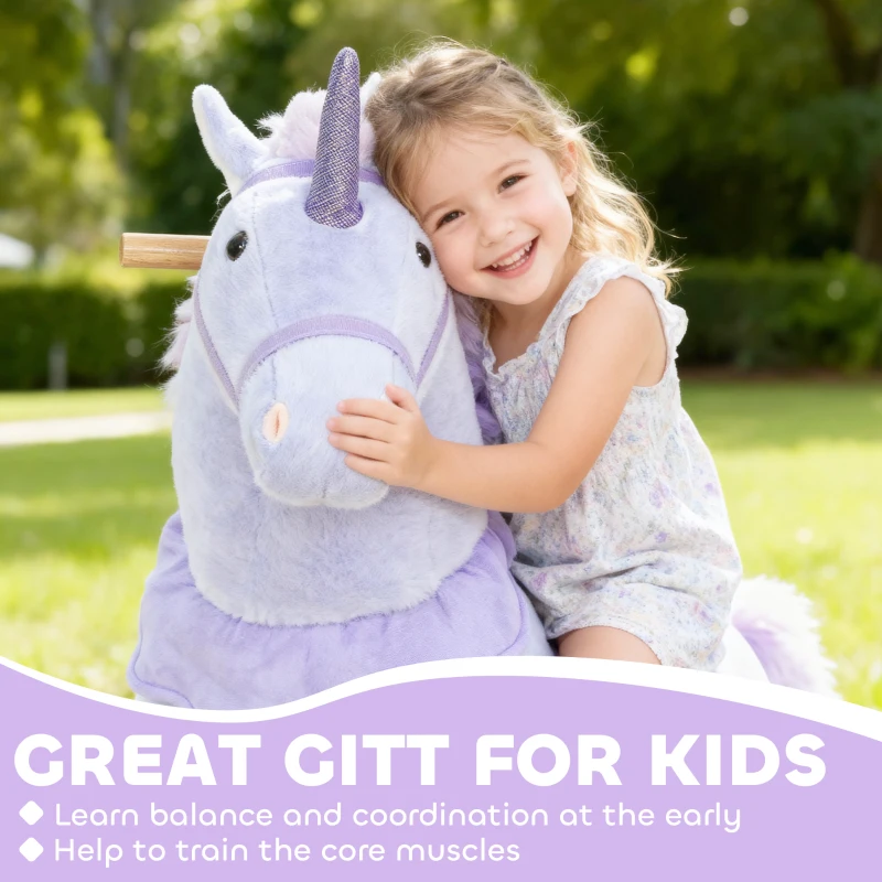 Qaba Ride on Unicorn Toy for Kids 4-7 Years, 37.8 Inch Plush Baby Rocking Horse with Wheels, No Battery Required, Purple