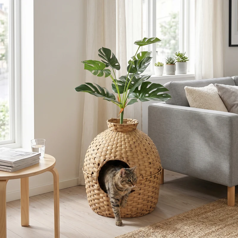 PawHut Hidden Cat Litter Box Enclosure with Faux Plant & Stainless Steel Tray for Bedroom, Living Room, Corner