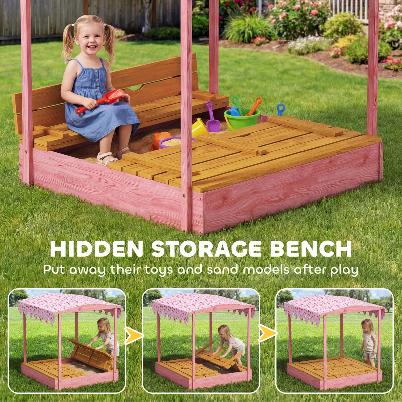 Qaba Wooden Sandbox with Cover, Kids Sandbox Outdoor with Seat, Bottom Liner, Canopy for Ages 3-6, Flamingos Print, Pink